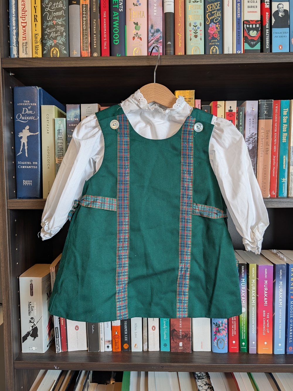 Classic Green Pinafore Dress with White Blouse - Kids